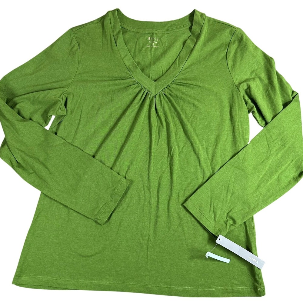 Apt 9 Essentials Womens XL‎ Garden Green V-Neck Pleated Long Sleeve Top NN28037